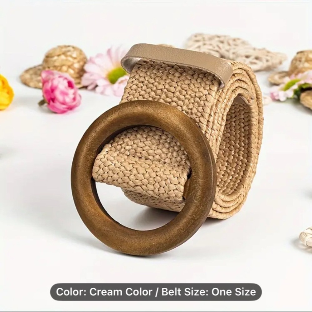 Elegant Cream Woven Belt with Wooden Buckle